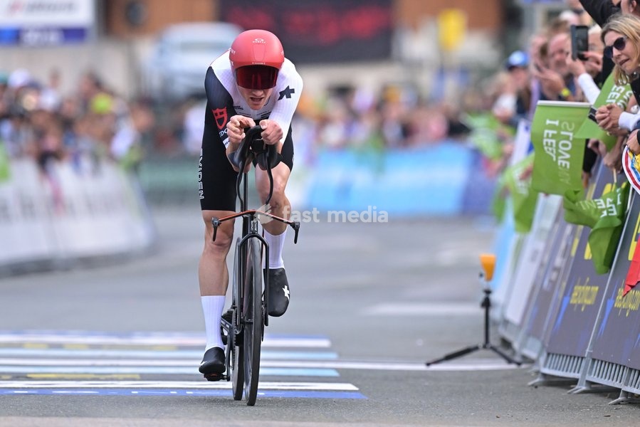 Switzerland's Stefan Kung crosses the finish line of the Men Elite Individual Time Trial race (22km) at the cycling UEC Road European Championships, in Ljubljana, Slovenia, on Wednesday 7 October 2026. The UEC Road European Championships are taking place from 02 to 07 October in Ljubljana, Slovenia