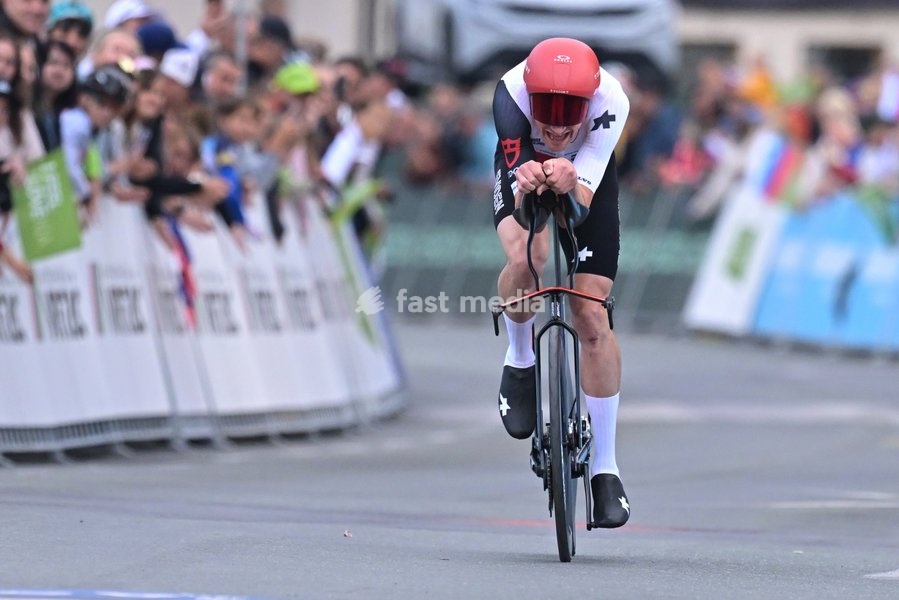 Switzerland's Stefan Kung crosses the finish line of the Men Elite Individual Time Trial race (22km) at the cycling UEC Road European Championships, in Ljubljana, Slovenia, on Wednesday 7 October 2026. The UEC Road European Championships are taking place from 02 to 07 October in Ljubljana, Slovenia