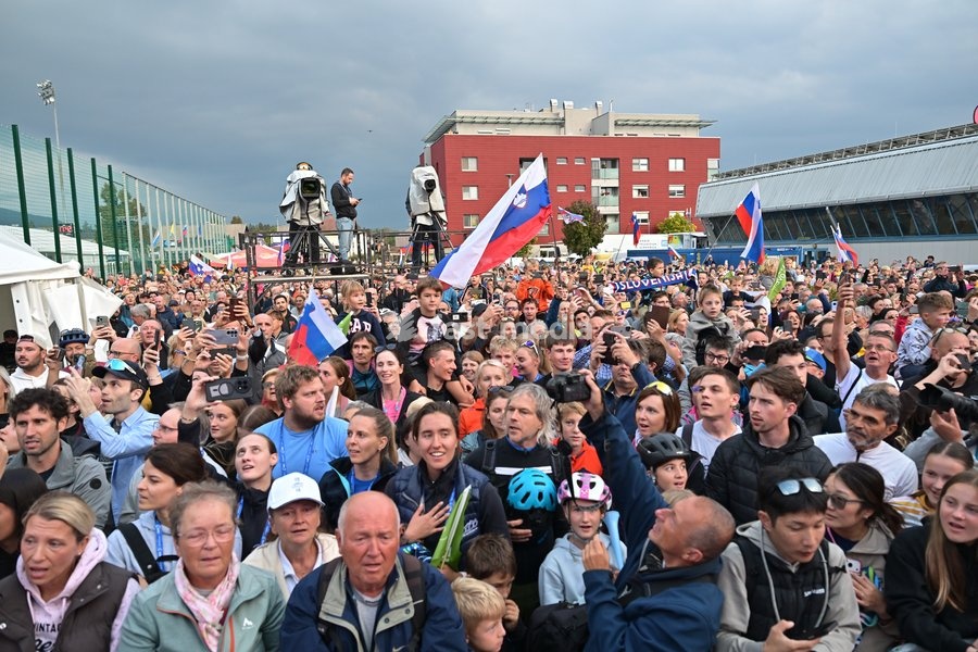 Cycling fans pictured during the Men Elite Individual Time Trial race (22km) at the cycling UEC Road European Championships, in Ljubljana, Slovenia, on Wednesday 7 October 2026. The UEC Road European Championships are taking place from 02 to 07 October in Ljubljana, Slovenia