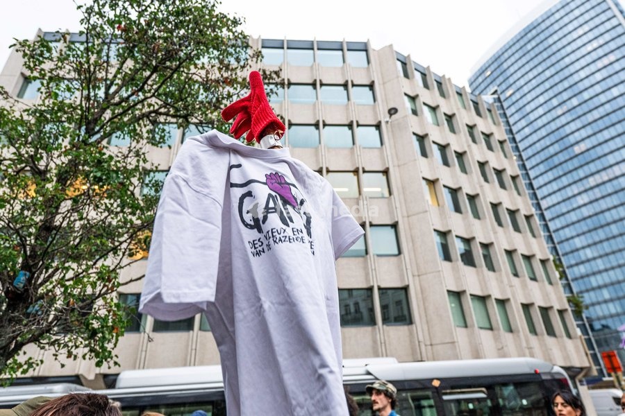 Protestors' slogans pictured during a Protest against the proposed home visits, organized by the No Ice in Belgium collective and the ADES network on Wednesday 7 October 2026 in Brussels