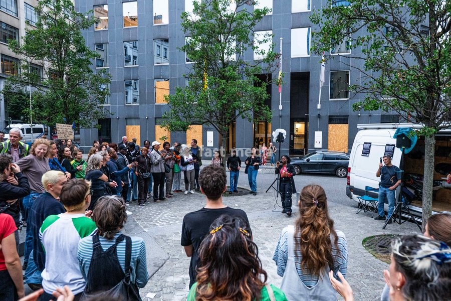 Protestors pictured during a Protest against the proposed home visits, organized by the No Ice in Belgium collective and the ADES network on Wednesday 7 October 2026 in Brussels