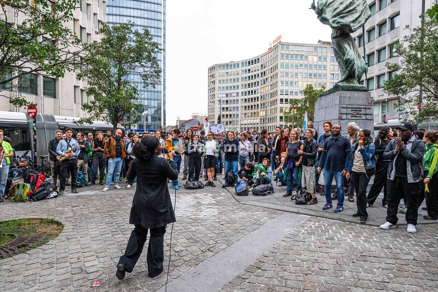 Protestors pictured during a Protest against the proposed home visits, organized by the No Ice in Belgium collective and the ADES network on Wednesday 7 October 2026 in Brussels