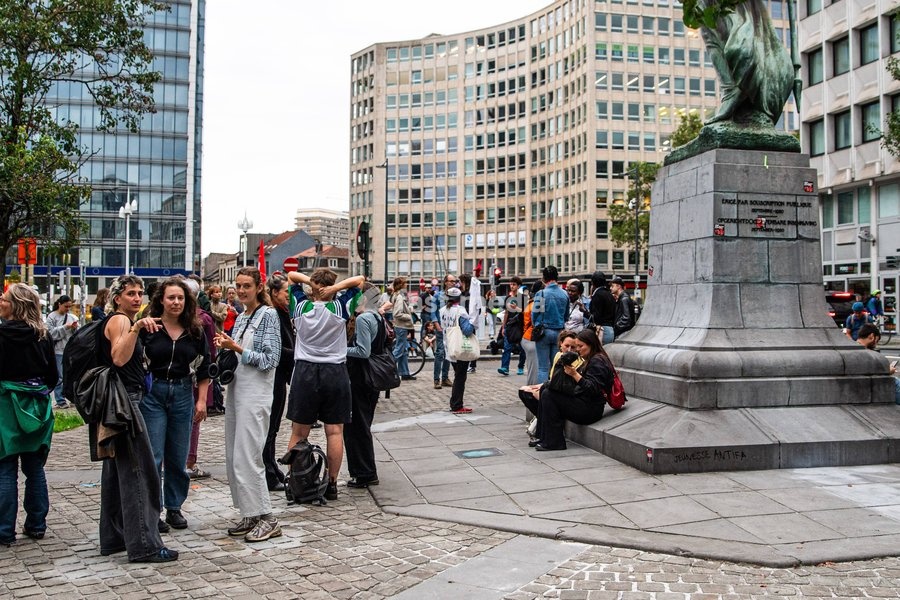 Protestors pictured during a Protest against the proposed home visits, organized by the No Ice in Belgium collective and the ADES network on Wednesday 7 October 2026 in Brussels