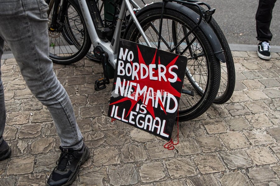 Protestors' slogans pictured during a Protest against the proposed home visits, organized by the No Ice in Belgium collective and the ADES network on Wednesday 7 October 2026 in Brussels