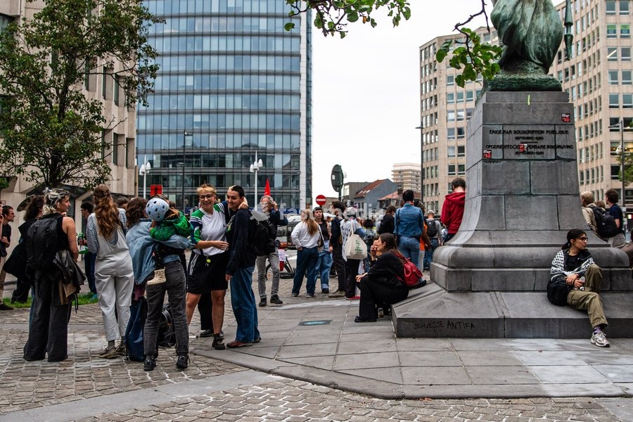 Protestors pictured during a Protest against the proposed home visits, organized by the No Ice in Belgium collective and the ADES network on Wednesday 7 October 2026 in Brussels