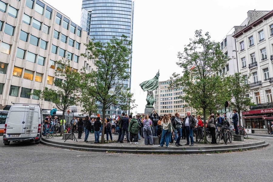 Protestors pictured during a Protest against the proposed home visits, organized by the No Ice in Belgium collective and the ADES network on Wednesday 7 October 2026 in Brussels