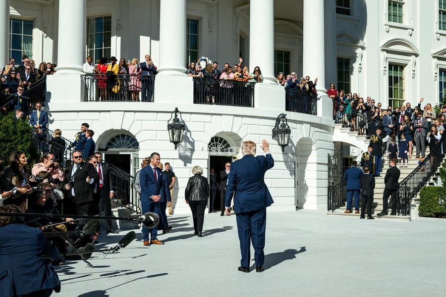 President Donald J. Trump boards Marine One on the South Lawn of the White House, Tuesday, October 6, 2026, en route Sparrows Point, Maryland. (Official White House