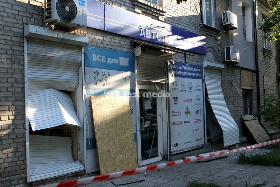 An auto parts store damaged in a Russian missile strike in Dnipro, Ukraine, on October 6, 2026. Russian forces attacked Dnipro with missiles, damaging an industrial enterprise, apartment buildings, and a sports club