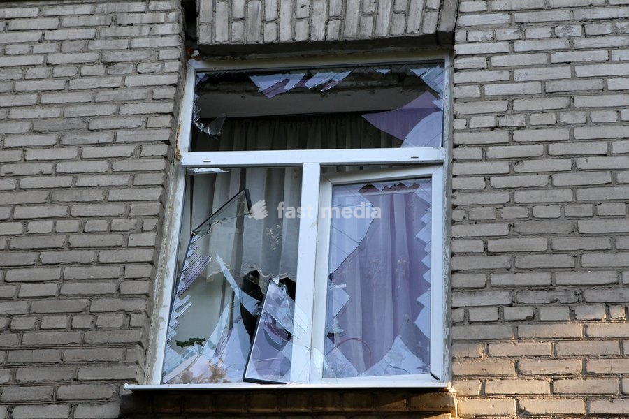 A window of a residential building shattered in a Russian missile strike is seen in Dnipro, Ukraine, on October 6, 2026. Russian forces attacked Dnipro with missiles, damaging an industrial enterprise, apartment buildings, and a sports club