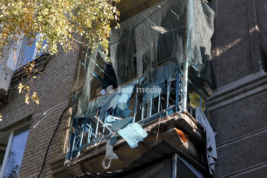 A balcony of a residential building damaged in a Russian missile strike in Dnipro, Ukraine, on October 6, 2026. Russian forces attacked Dnipro with missiles, damaging an industrial enterprise, apartment buildings, and a sports club