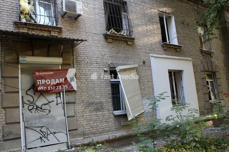 Windows of a residential building shattered in a Russian missile strike are seen in Dnipro, Ukraine, on October 6, 2026. Russian forces attacked Dnipro with missiles, damaging an industrial enterprise, apartment buildings, and a sports club