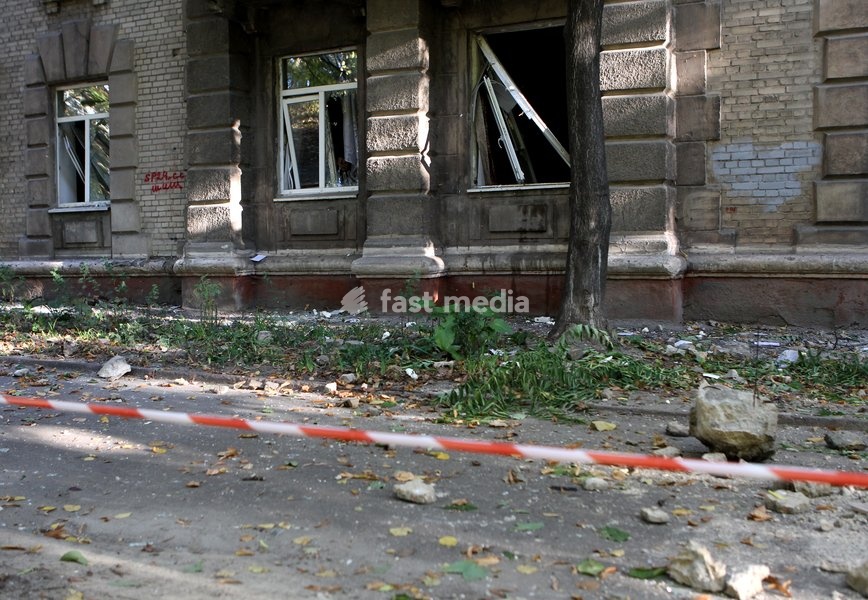A building damaged in a Russian missile strike in Dnipro, Ukraine, on October 6, 2026. Russian forces attacked Dnipro with missiles, damaging an industrial enterprise, apartment buildings, and a sports club