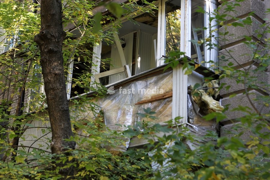 A balcony of a residential building damaged in a Russian missile strike in Dnipro, Ukraine, on October 6, 2026. Russian forces attacked Dnipro with missiles, damaging an industrial enterprise, apartment buildings, and a sports club