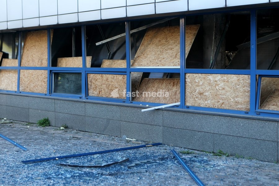 The facade of a building damaged in a Russian missile strike in Dnipro, Ukraine, on October 6, 2026. Russian forces attacked Dnipro with missiles, damaging an industrial enterprise, apartment buildings, and a sports club