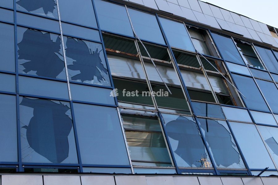 The facade of a building damaged in a Russian missile strike in Dnipro, Ukraine, on October 6, 2026. Russian forces attacked Dnipro with missiles, damaging an industrial enterprise, apartment buildings, and a sports club