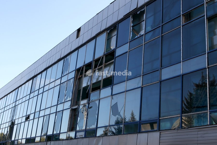 The facade of a building damaged in a Russian missile strike in Dnipro, Ukraine, on October 6, 2026. Russian forces attacked Dnipro with missiles, damaging an industrial enterprise, apartment buildings, and a sports club