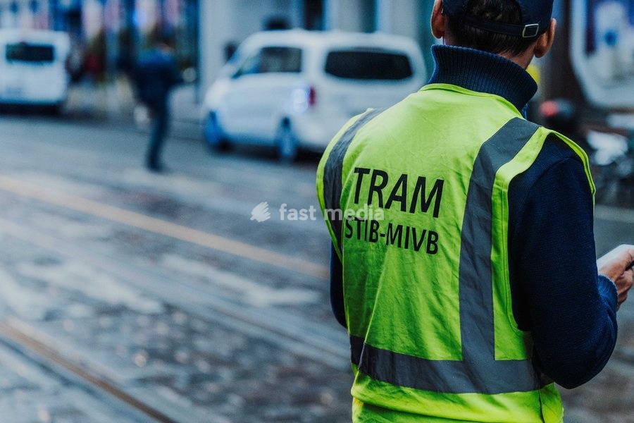 A STIB - MIVB public transport worker pictured during a national manifestation against the Federal Government's budgetary measures, under the 'Keep your hands out of our pockets!' (Blijf uit onze zakken! - Pas dans nos poches) moniker, organised by the trade unions on Friday 9 October 2026 in…