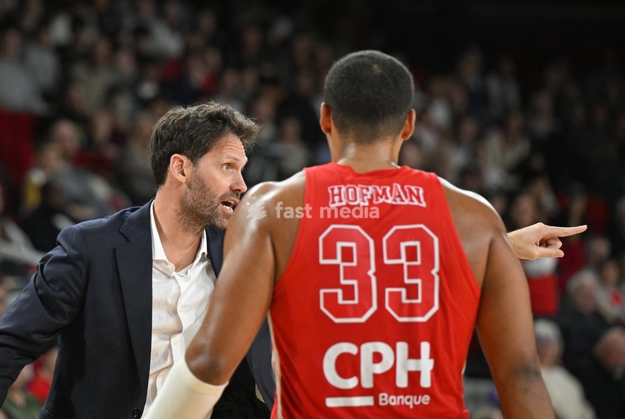 Spirou's head coach Sam Rotsaert reacts during a basketball match between Spirou Charleroi and CityX Mons-Hainaut, Friday 9 October 2026 in Charleroi, on the opening day of the 'BNXT League' Belgian and Dutch first division basket championships