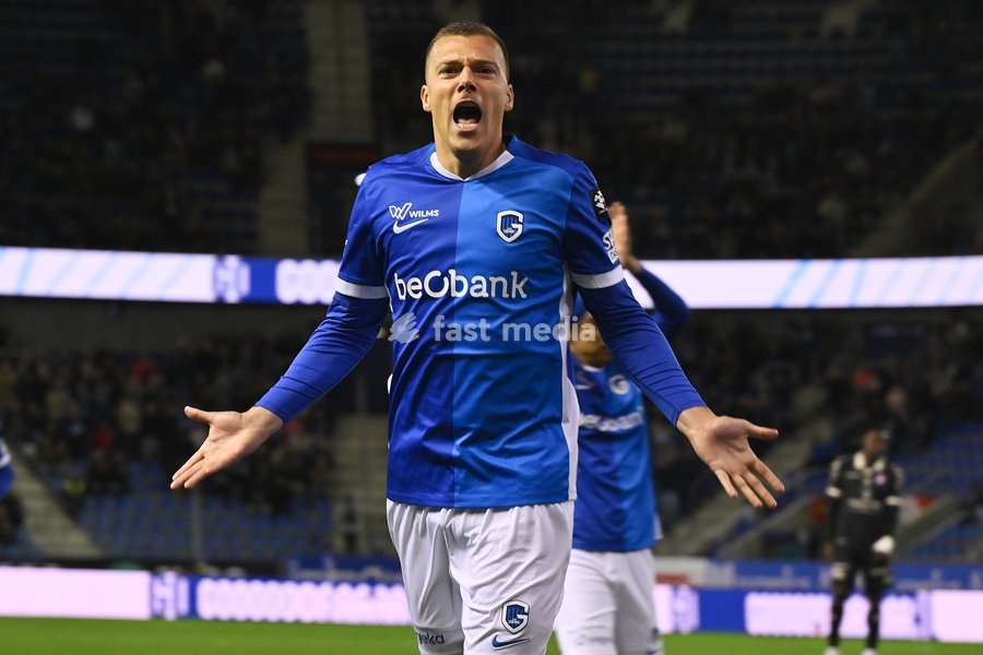 Genk's Daan Heymans scores a goal during a soccer match between KRC Genk and KV Kortrijk, Saturday 10 October 2026 in Genk, on day 8 of the 2026-2027 'Jupiler Pro League' first division of the Belgian championship, in Genk