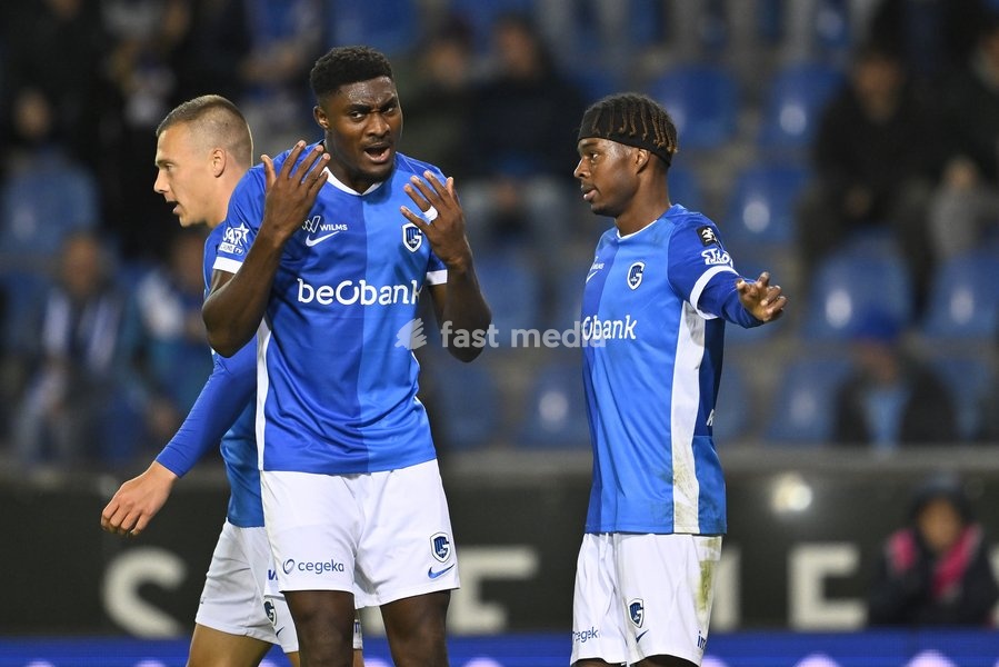 Genk's Daan Heymans; Genk's Rafiu Durosinmi and Genk's Noah Adedji-Sternberg celebrate after scoring during a soccer match between KRC Genk and KV Kortrijk, Saturday 10 October 2026 in Genk, on day 8 of the 2026-2027 'Jupiler Pro League' first division of the Belgian championship, in Genk