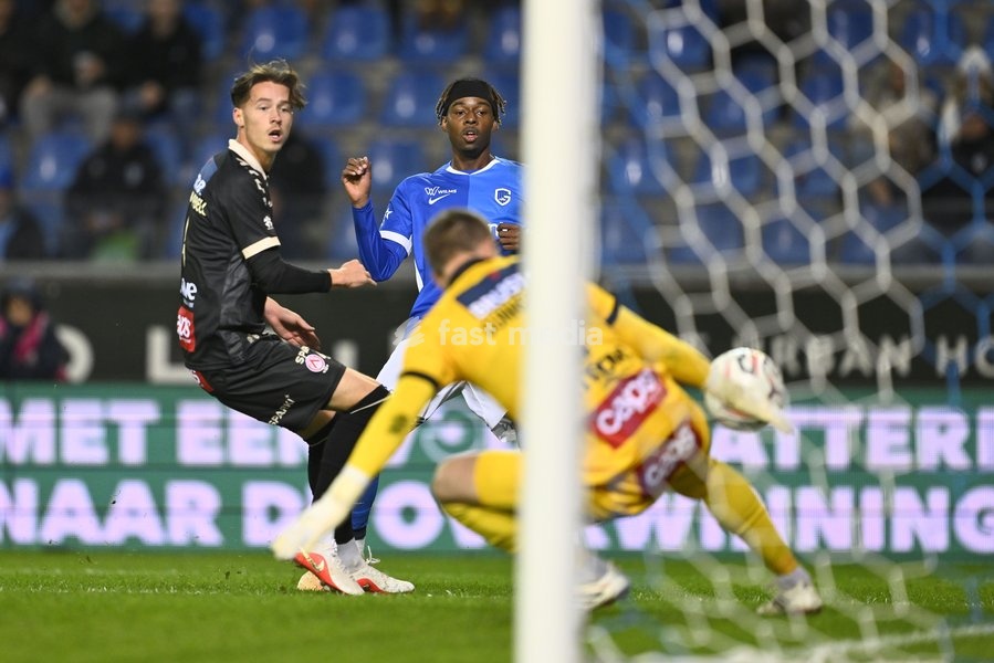 Genk's Noah Adedji-Sternberg scores a goal during a soccer match between KRC Genk and KV Kortrijk, Saturday 10 October 2026 in Genk, on day 8 of the 2026-2027 'Jupiler Pro League' first division of the Belgian championship, in Genk