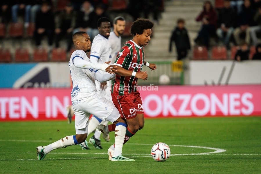 Gent's Michel-Ange Sumai Balikwisha and Essevee's Marley Ake fight for the ball a soccer match between SV Zulte Waregem and Kaa Gent, Saturday 10 October 2026 in Waregem, on day 8 of the 2026-2027 'Jupiler Pro League' first division of the Belgian championship, in Waregem
