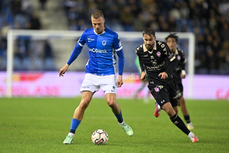 Genk's Daan Heymans fights for the ball during a soccer match between KRC Genk and KV Kortrijk, Saturday 10 October 2026 in Genk, on day 8 of the 2026-2027 'Jupiler Pro League' first division of the Belgian championship, in Genk