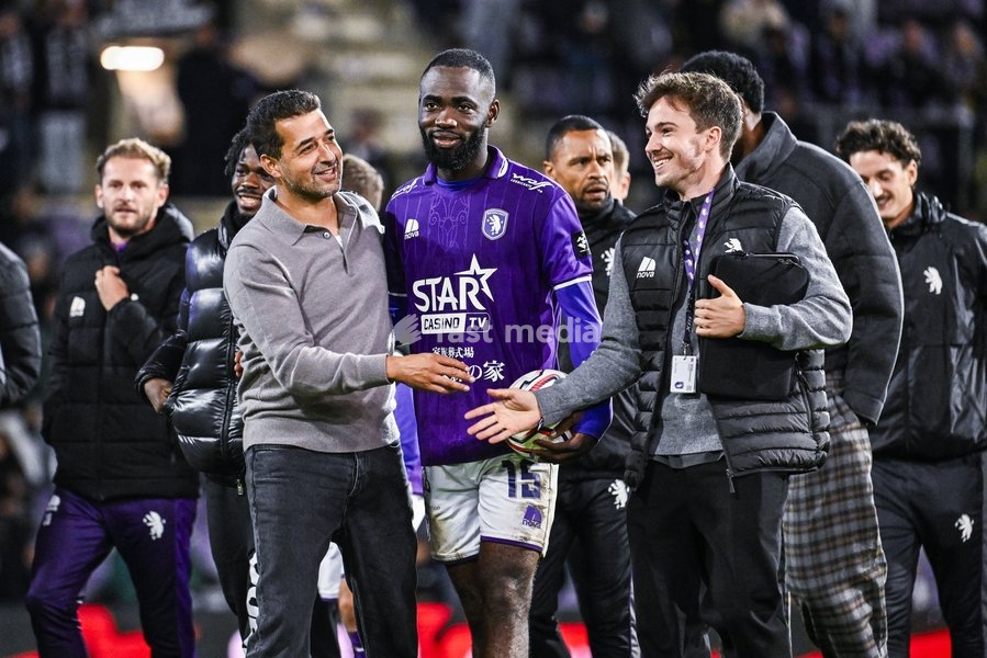 Beerschot's head coach Mohamed Messoudi and Beerschot's Arnold Vula and Beerschot's press officer Bram Vaesen celebrate after winning a soccer match between Beerschot VA and RFC Liège, on Saturday 10 October 2026 in Antwerp, on day 7 of the 2026-2027 'Challenger Pro League' second division of the…