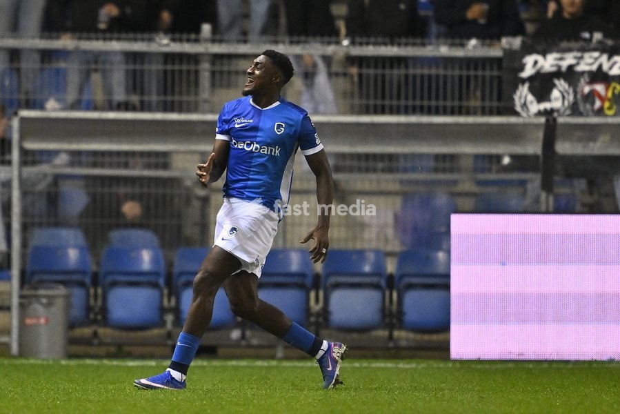 Genk's Rafiu Durosinmi celebrates after scoring during a soccer match between KRC Genk and KV Kortrijk, Saturday 10 October 2026 in Genk, on day 8 of the 2026-2027 'Jupiler Pro League' first division of the Belgian championship, in Genk