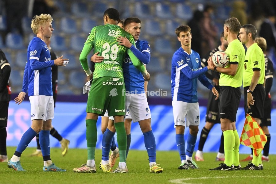 Genk's goalkeeper Lucca Brughmans and Genk's Milan Roganovic celebrate after winning a soccer match between KRC Genk and KV Kortrijk, Saturday 10 October 2026 in Genk, on day 8 of the 2026-2027 'Jupiler Pro League' first division of the Belgian championship, in Genk