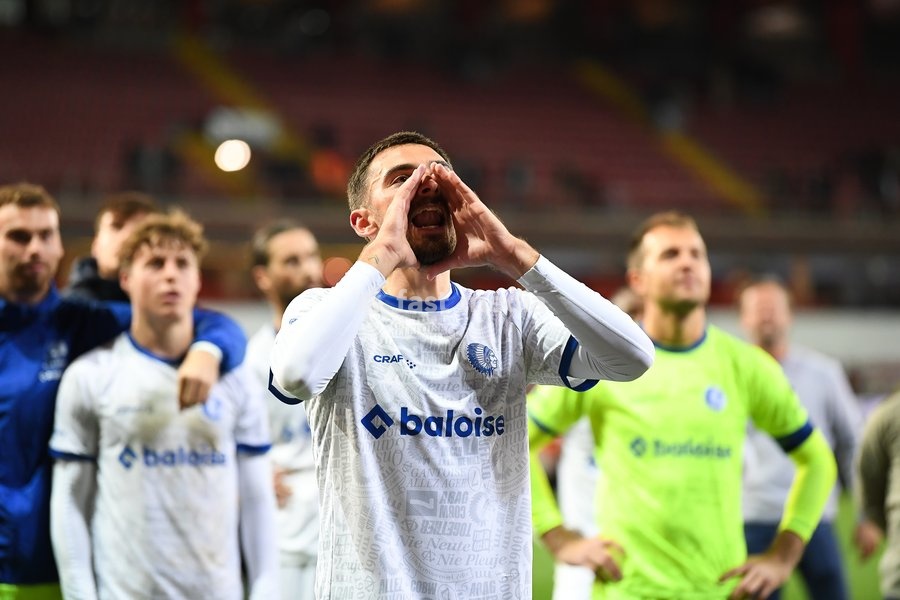 Gent's players celebrate after winning a soccer match between SV Zulte Waregem and Kaa Gent, Saturday 10 October 2026 in Waregem, on day 8 of the 2026-2027 'Jupiler Pro League' first division of the Belgian championship, in Waregem