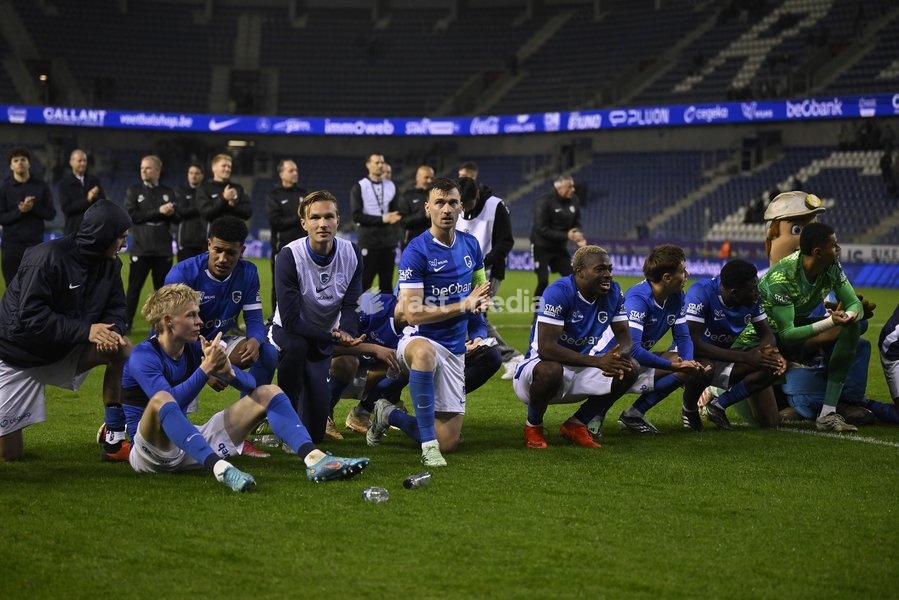 Genk's players celebrate after winning a soccer match between KRC Genk and KV Kortrijk, Saturday 10 October 2026 in Genk, on day 8 of the 2026-2027 'Jupiler Pro League' first division of the Belgian championship, in Genk