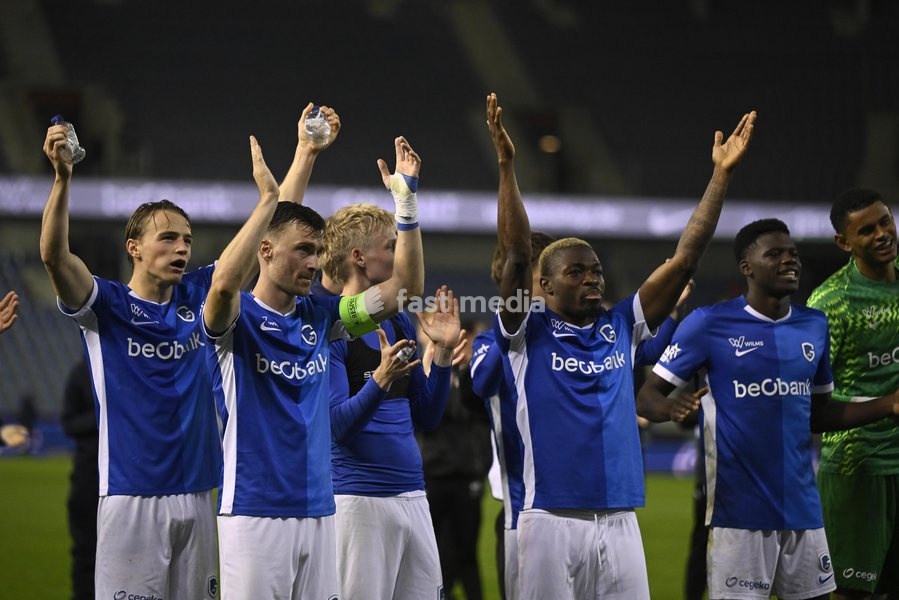 Genk's players celebrate after winning a soccer match between KRC Genk and KV Kortrijk, Saturday 10 October 2026 in Genk, on day 8 of the 2026-2027 'Jupiler Pro League' first division of the Belgian championship, in Genk