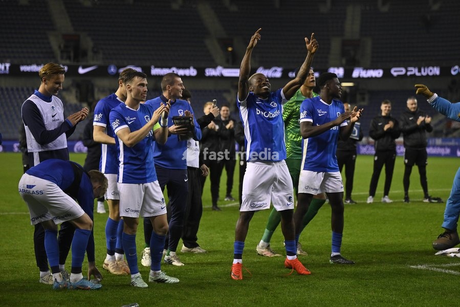 Genk's players celebrate after winning a soccer match between KRC Genk and KV Kortrijk, Saturday 10 October 2026 in Genk, on day 8 of the 2026-2027 'Jupiler Pro League' first division of the Belgian championship, in Genk