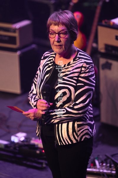 10 October 2026: Rosemary Breen, Pink Floyd's Syd Barrett's younger sister addresses the audience at The Syd Barrett 80th Birthday Concert at The Corn Exchange, Cambridge, UK