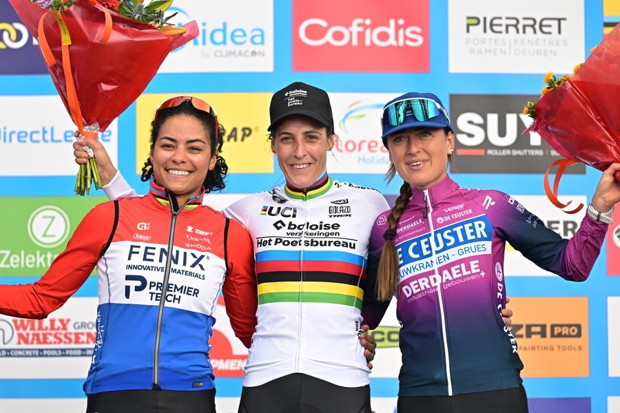 Netherlands' Ceylin Del Carmen Alvarado; Netherlands' Lucinda Brand and Netherlands' Denise Betsema celebrate on the podium after the women elite race of the 'Mosselcross' cyclocross cycling event, on Sunday 11 October 2026, in Dendermonde, the first race (out of 7) of the HG Cross competition
