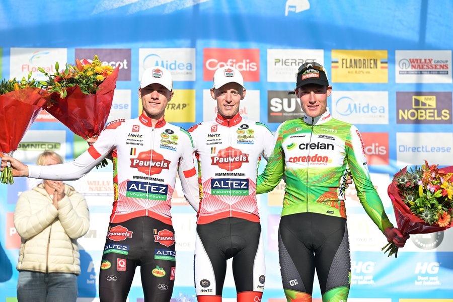 L-R, second Belgium's Yordi Corsus; winner Belgium's Michael Vanthourenhout and third Belgium's Gerben Kuypers celebrate on the podium of the men elite race of the 'Mosselcross' cyclocross cycling event, on Sunday 11 October 2026, in Dendermonde, the first race (out of 7) of the HG Cross competition