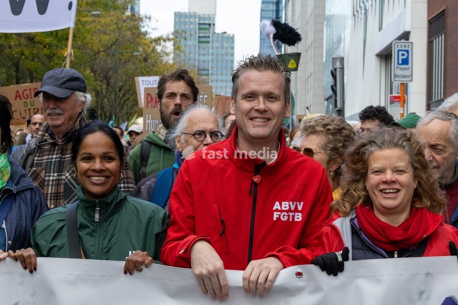 Julie Hendrickx and Bert Engelaar pictured during the Climate March 2026, organized by the Climate Coalition, in Brussels, on Sunday 11 October 2026. The Climate Coalition demands the federal and regional governments to stop subsidizing polluting industrial activities in Belgium and levy higher…
