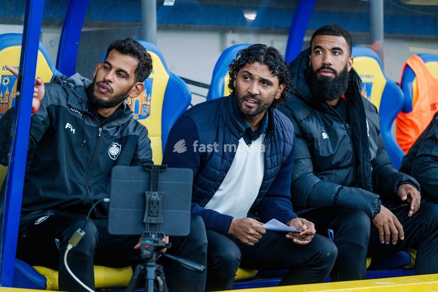 Antwerp's assistant coach Faris Haroun; Antwerp's head coach Marvin Compper and Antwerp's assistant coach Sylvano Comvalius pictured during a soccer match between KVC Westerlo and Royal Antwerp FC, Sunday 11 October 2026 in Westerlo, on day 8 of the 2026-2027 'Jupiler Pro League' first division of…