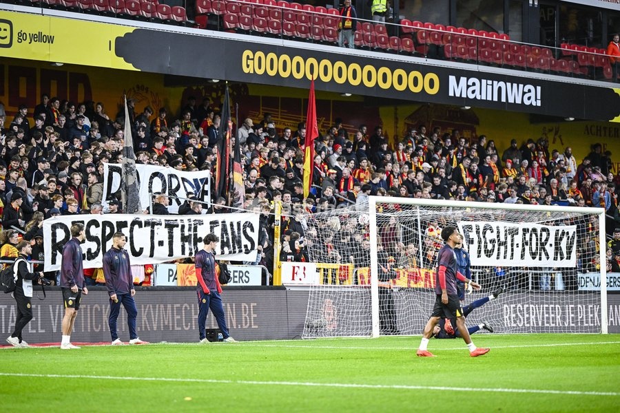 Mechelen's supporters with a message at a soccer match between KV Mechelen and Sint-Truiden VV, Sunday 11 October 2026 in Mechelen, on day 8 of the 2026-2027 'Jupiler Pro League' first division of the Belgian championship