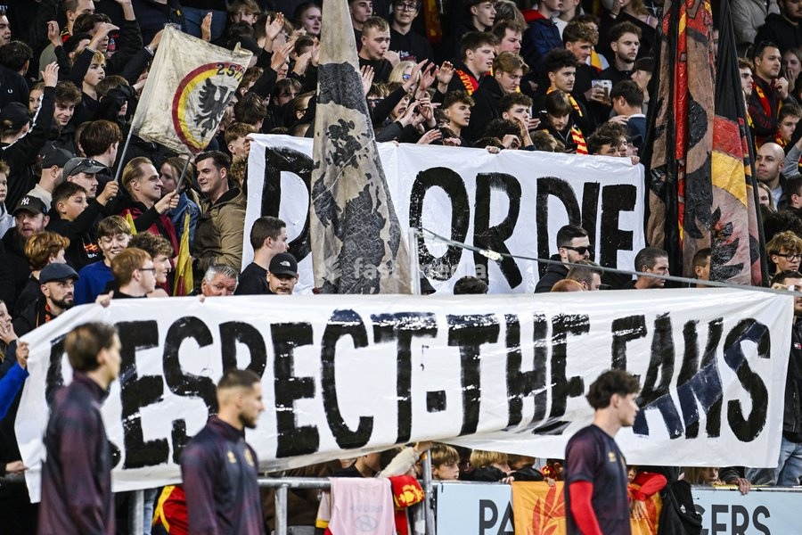 Mechelen's supporters with a message at a soccer match between KV Mechelen and Sint-Truiden VV, Sunday 11 October 2026 in Mechelen, on day 8 of the 2026-2027 'Jupiler Pro League' first division of the Belgian championship