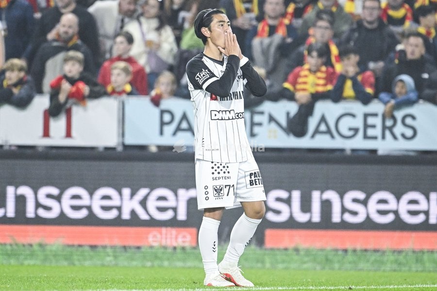 STVV's Ryotaro Araki reacts during a soccer match between KV Mechelen and Sint-Truiden VV, Sunday 11 October 2026 in Mechelen, on day 8 of the 2026-2027 'Jupiler Pro League' first division of the Belgian championship