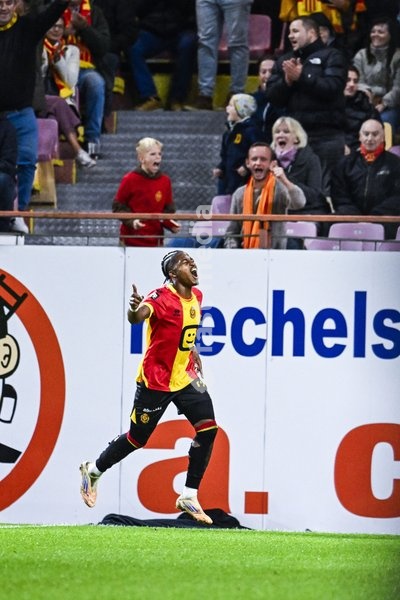 Mechelen's Simion Michez celebrates after scoring during a soccer match between KV Mechelen and Sint-Truiden VV, Sunday 11 October 2026 in Mechelen, on day 8 of the 2026-2027 'Jupiler Pro League' first division of the Belgian championship