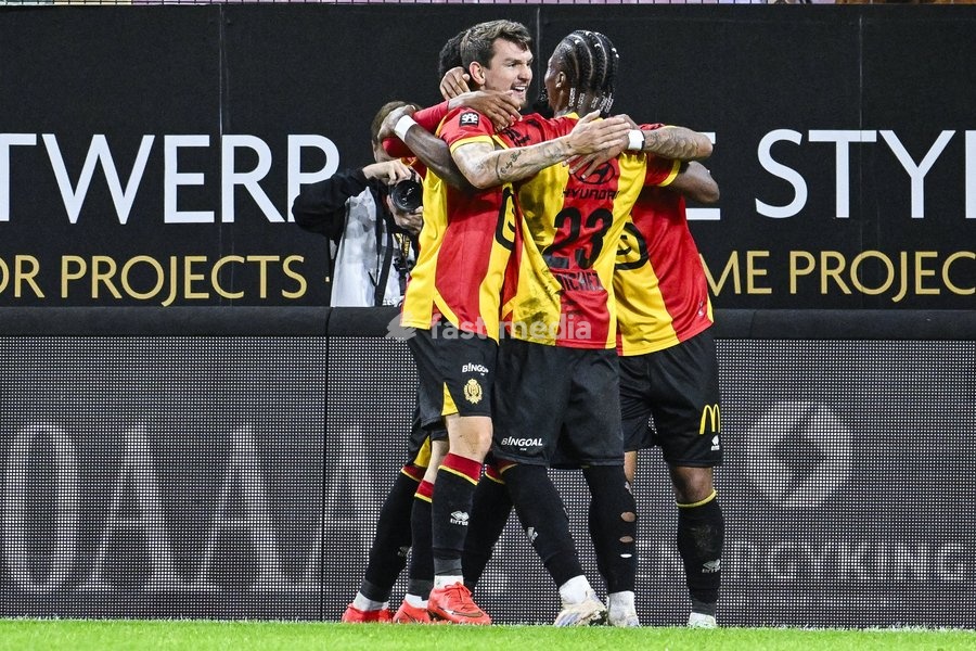 Mechelen's Benito Raman; Mechelen's Simion Michez and Mechelen's Myron Van Brederode celebrate after scoring during a soccer match between KV Mechelen and Sint-Truiden VV, Sunday 11 October 2026 in Mechelen, on day 8 of the 2026-2027 'Jupiler Pro League' first division of the Belgian championship
