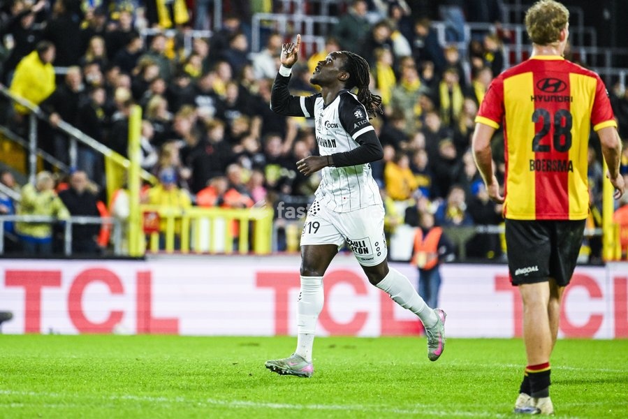 STVV's Frederic Leroi Soelle Soelle celebrates after scoring during a soccer match between KV Mechelen and Sint-Truiden VV, Sunday 11 October 2026 in Mechelen, on day 8 of the 2026-2027 'Jupiler Pro League' first division of the Belgian championship