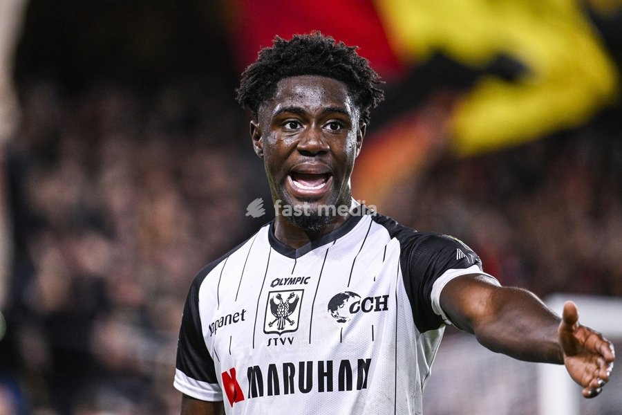 STVV's Nathanael Mbuku pictured during a soccer match between KV Mechelen and Sint-Truiden VV, Sunday 11 October 2026 in Mechelen, on day 8 of the 2026-2027 'Jupiler Pro League' first division of the Belgian championship