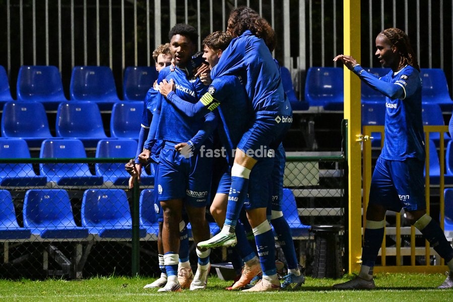 Jong Gent's Jemiah Umolu celebrate after scoring the 3-2 goal during a soccer match between Jong KAA Gent and FCV Rfc Seraing, Sunday 11 October 2026 in Gent, on day 7 of the 2026-2027 'Challenger Pro League' second highest division of the Belgian championship