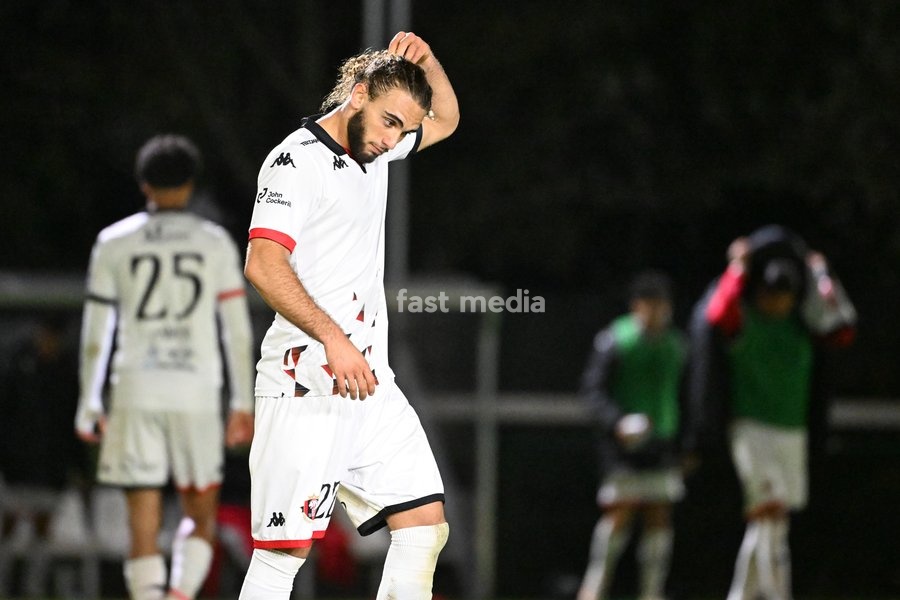 Seraing's Matteo Scarpinati looks dejected after losing a soccer match between Jong KAA Gent and FCV Rfc Seraing, Sunday 11 October 2026 in Gent, on day 7 of the 2026-2027 'Challenger Pro League' second highest division of the Belgian championship