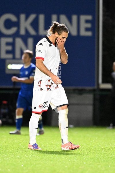 Seraing's Matteo Scarpinati looks dejected after losing a soccer match between Jong KAA Gent and FCV Rfc Seraing, Sunday 11 October 2026 in Gent, on day 7 of the 2026-2027 'Challenger Pro League' second highest division of the Belgian championship