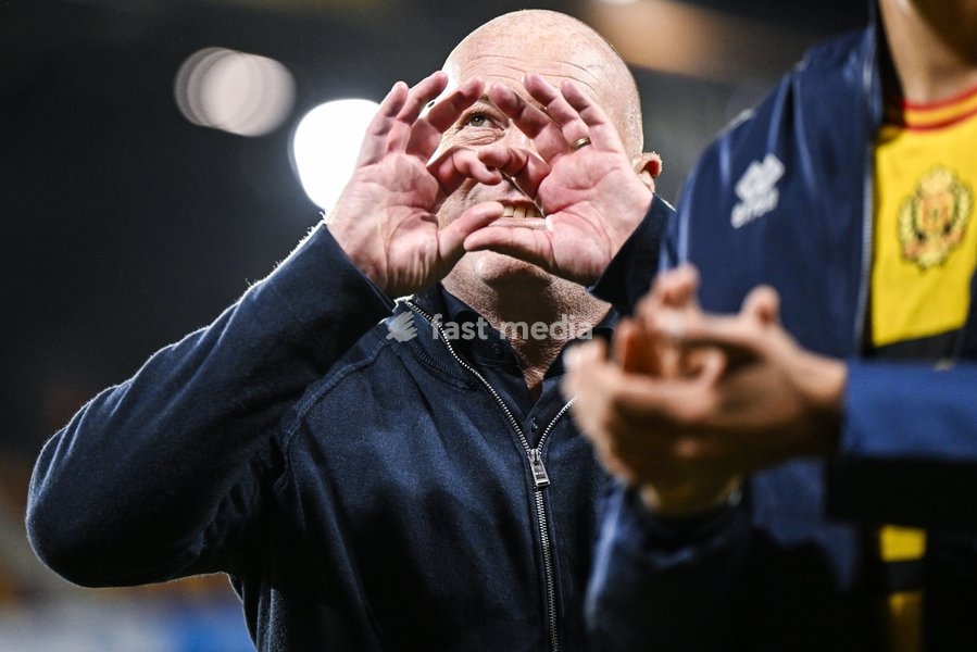 Mechelen's head coach Frederic Fred Vanderbiest celebrates after winning a soccer match between KV Mechelen and Sint-Truiden VV, Sunday 11 October 2026 in Mechelen, on day 8 of the 2026-2027 'Jupiler Pro League' first division of the Belgian championship